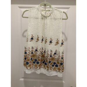 Harlyn Mock Neck Top Large Lace Overlay Embroidered Swing Teal Off White Brown